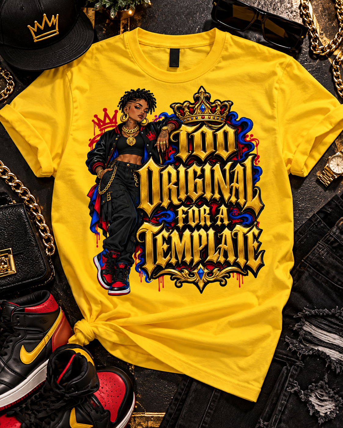 Yellow Too Original for a Template T-shirt laid flat with gold-tone Gothic lettering and crown artwork.