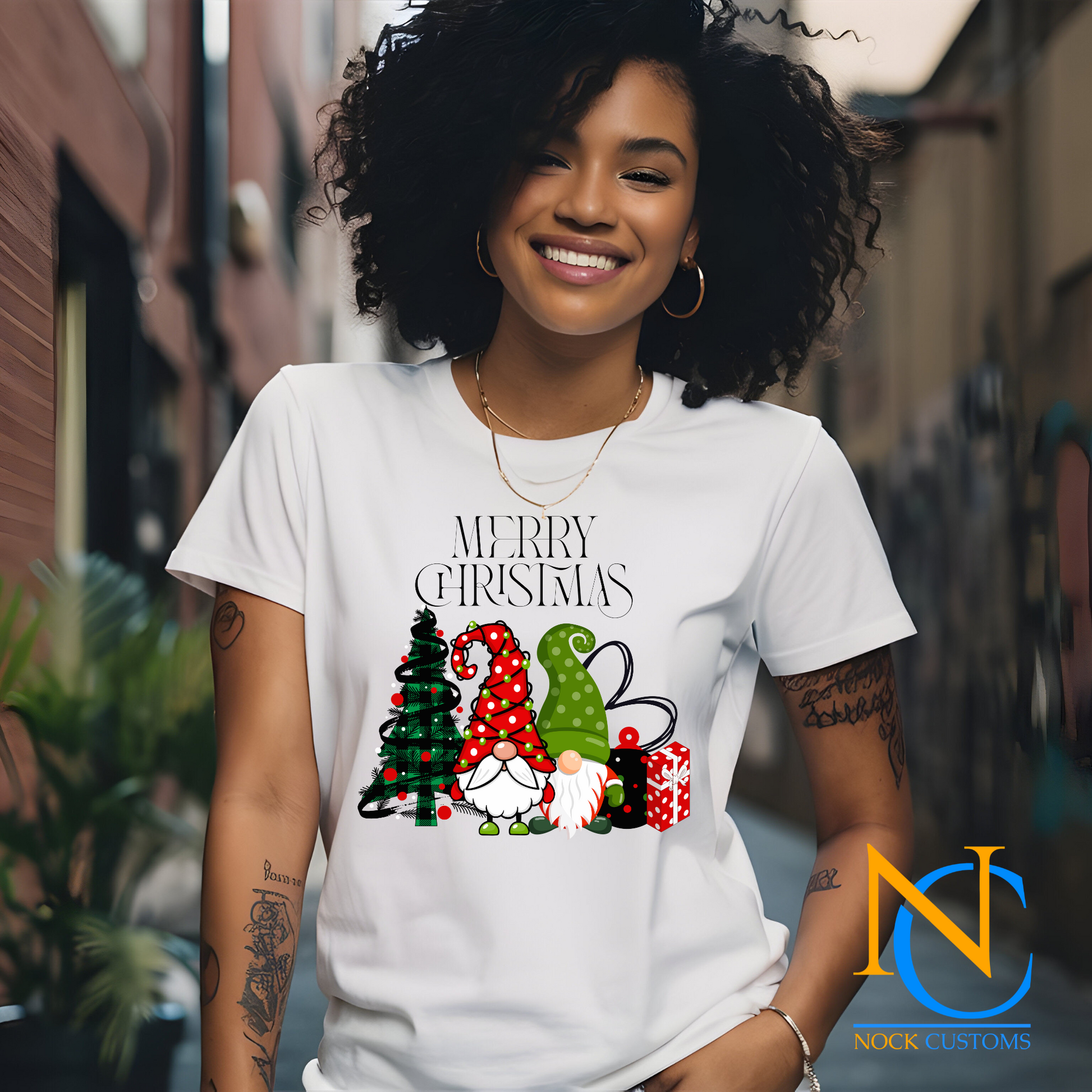 Merry Christmas gnome design featuring a festive tree and gifts on a DTF transfer for T-shirts and hoodies.