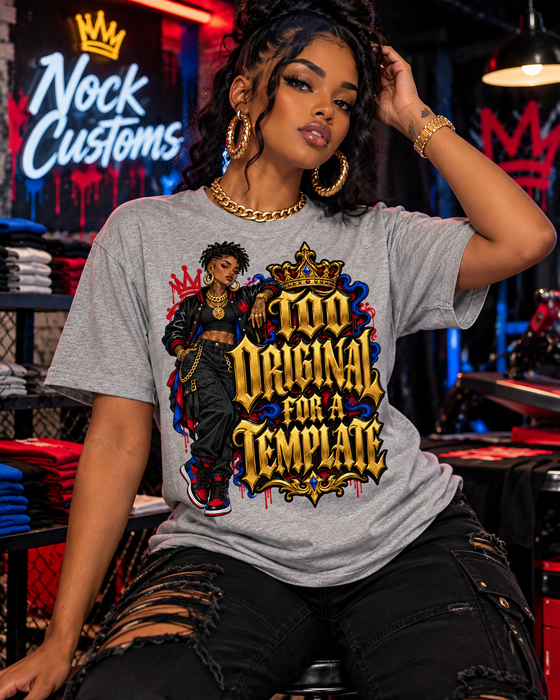 Model wearing a gray Too Original for a Template streetwear T-shirt with gold-tone lettering and crown artwork.