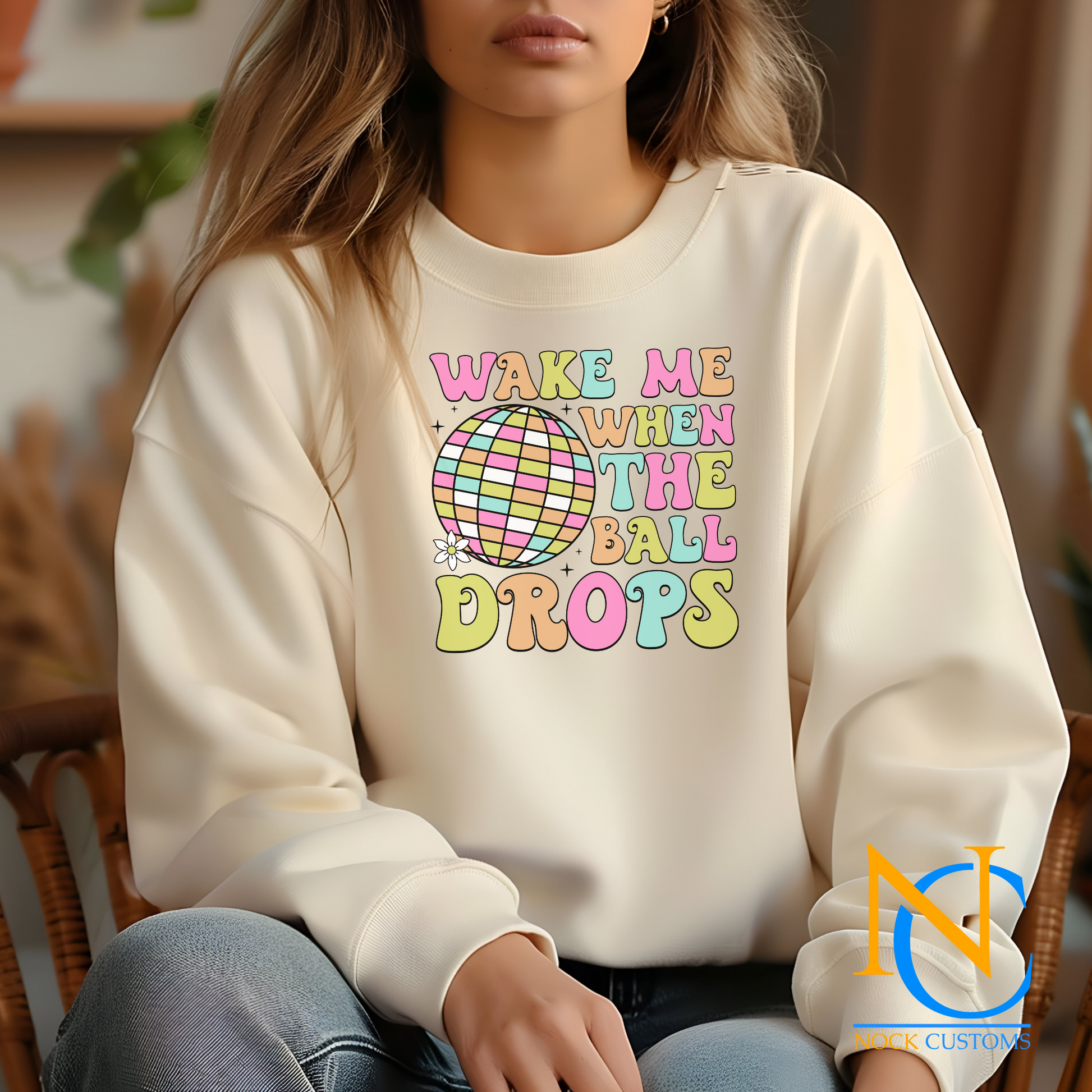 2025 Wake Me When the Ball Drops DTF transfer print design on apparel, featuring pastel colors and a retro disco ball.