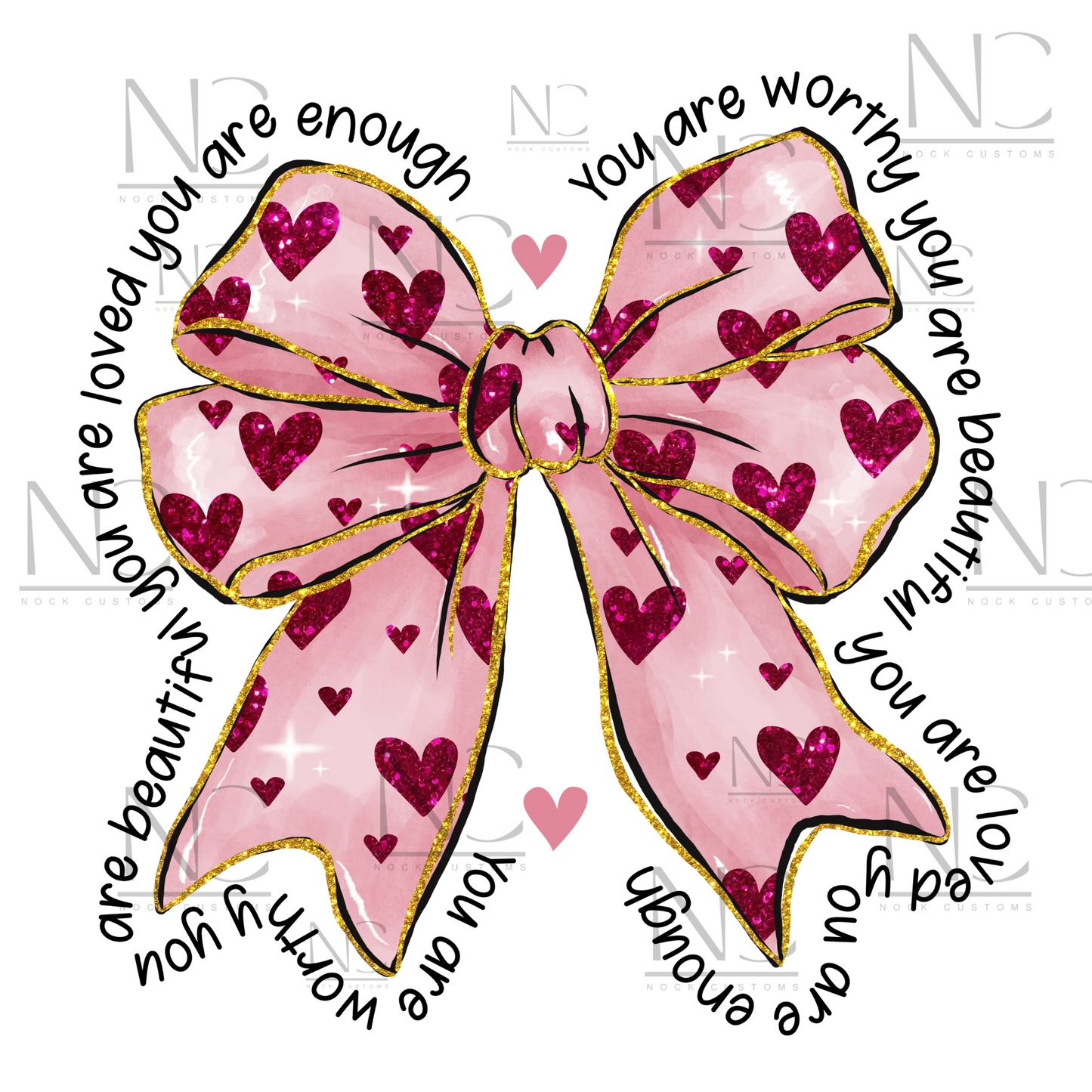 A stunning pink bow adorned with glittery hearts and gold edges, surrounded by small hearts for a whimsical touch. Perfect for direct-to-film (DTF) transfers for creative or romantic projects.