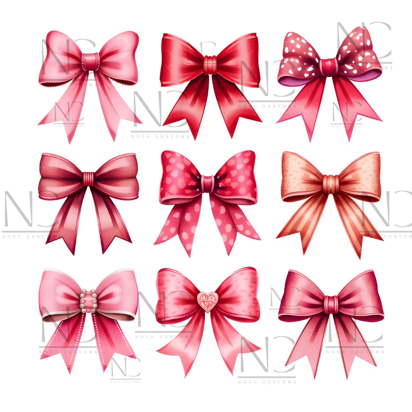 A collection of nine elegant pink bows in various styles, featuring details like polka dots, pearls, and heart embellishments. Perfect for direct-to-film (DTF) transfers for creative and decorative projects.