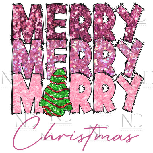 DTF transfer featuring the text 'Merry Merry Merry Christmas' in pink glitter with a green Christmas tree detail.