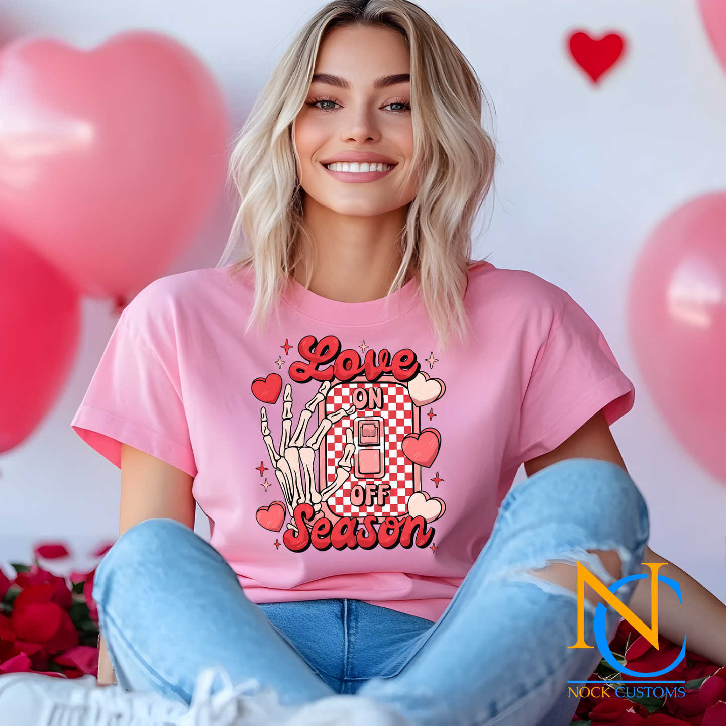 A playful Valentine's design featuring a skeleton hand flipping a light switch labeled 'Love On/Off Season' with a red checkered background, surrounded by hearts and sparkles. Ideal for direct-to-film (DTF) transfers with a humorous and edgy vibe.