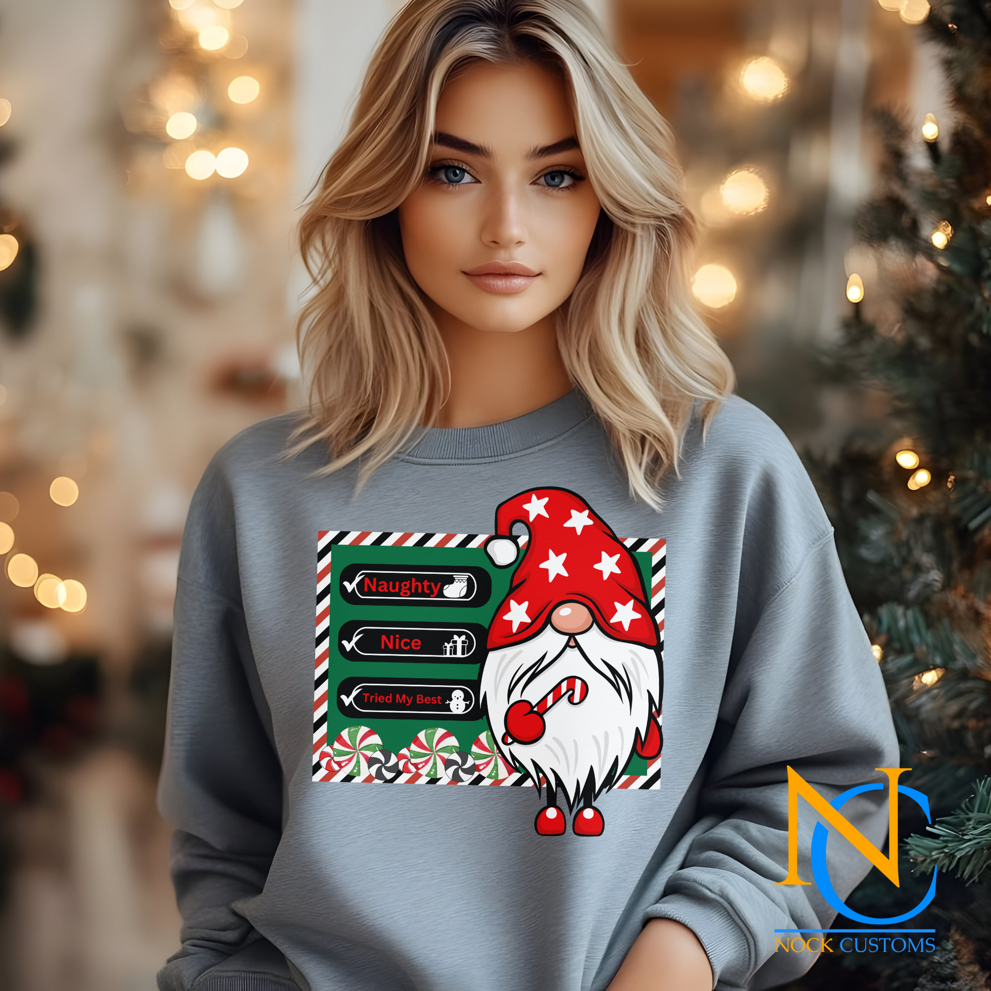 Festive gnome-themed DTF transfer design featuring a holiday checklist and candy cane, perfect for creating unique Christmas sweatshirts, hoodies, and apparel.