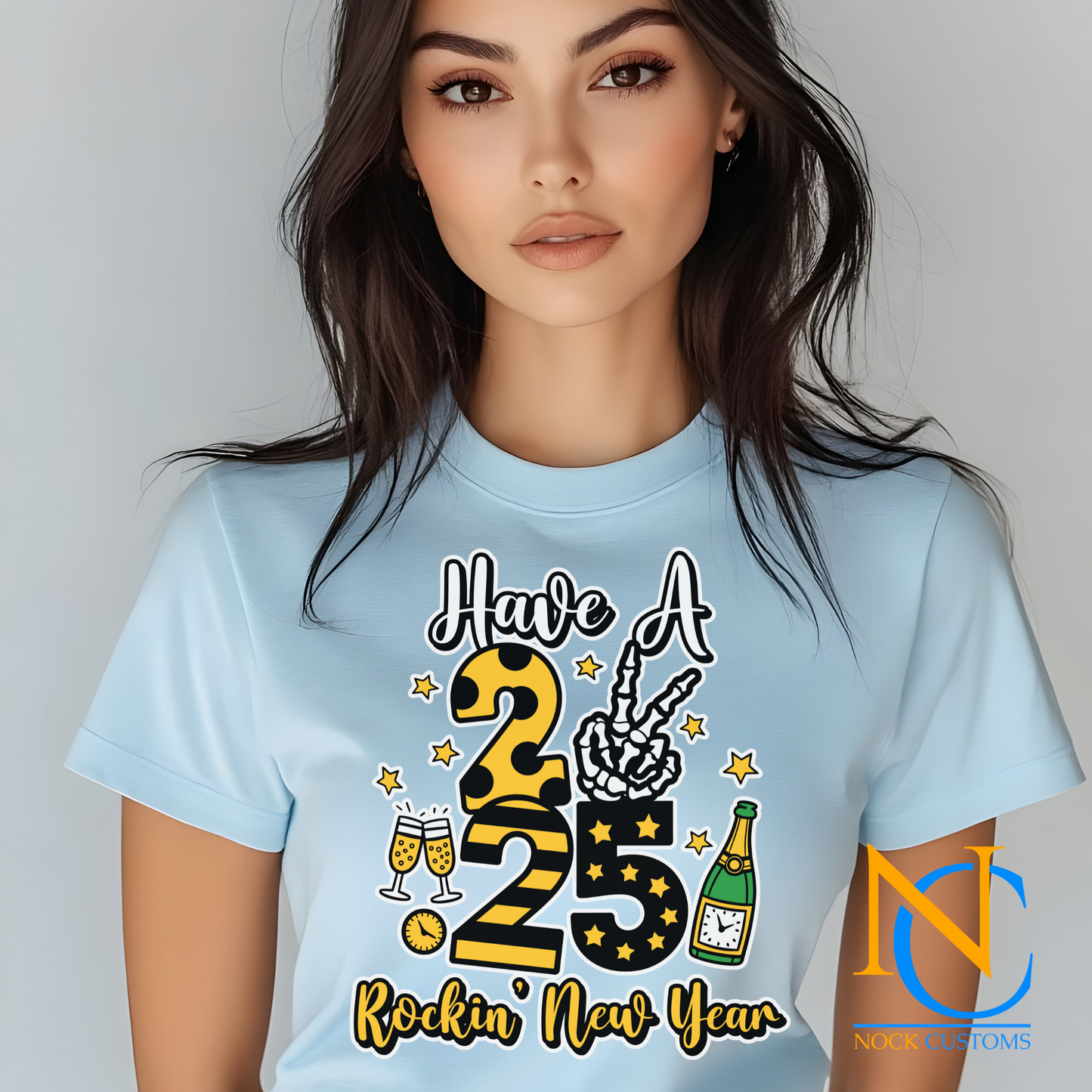 Colorful 2025 New Year T-shirt design featuring champagne, fireworks, and festive elements for a fun celebration.