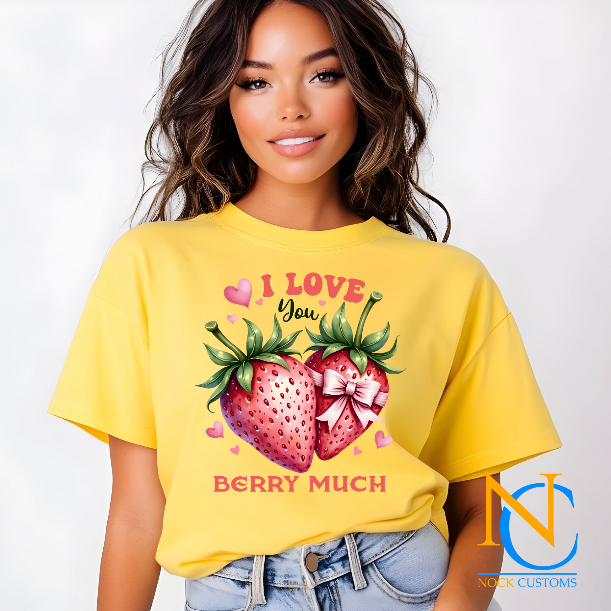 A delightful design featuring two strawberries, one adorned with a pink bow, surrounded by the text 'I Love You Berry Much' and small pink hearts. Perfect for direct-to-film (DTF) transfers for romantic or fun projects.