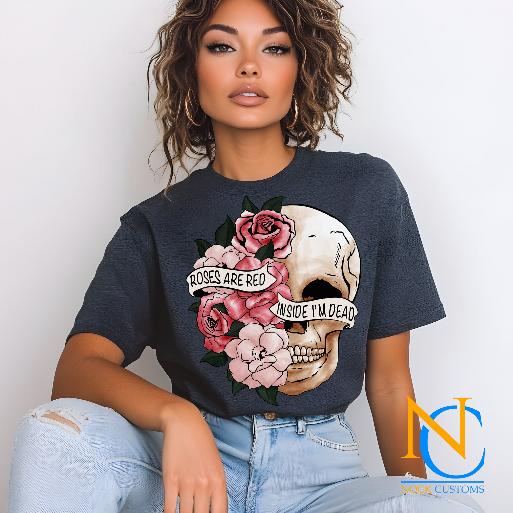 A bold design featuring a skull adorned with pink roses and green leaves, overlaid with banners that read 'Roses Are Red, Inside I’m Dead.' Perfect for direct-to-film (DTF) transfers with an edgy and artistic vibe.