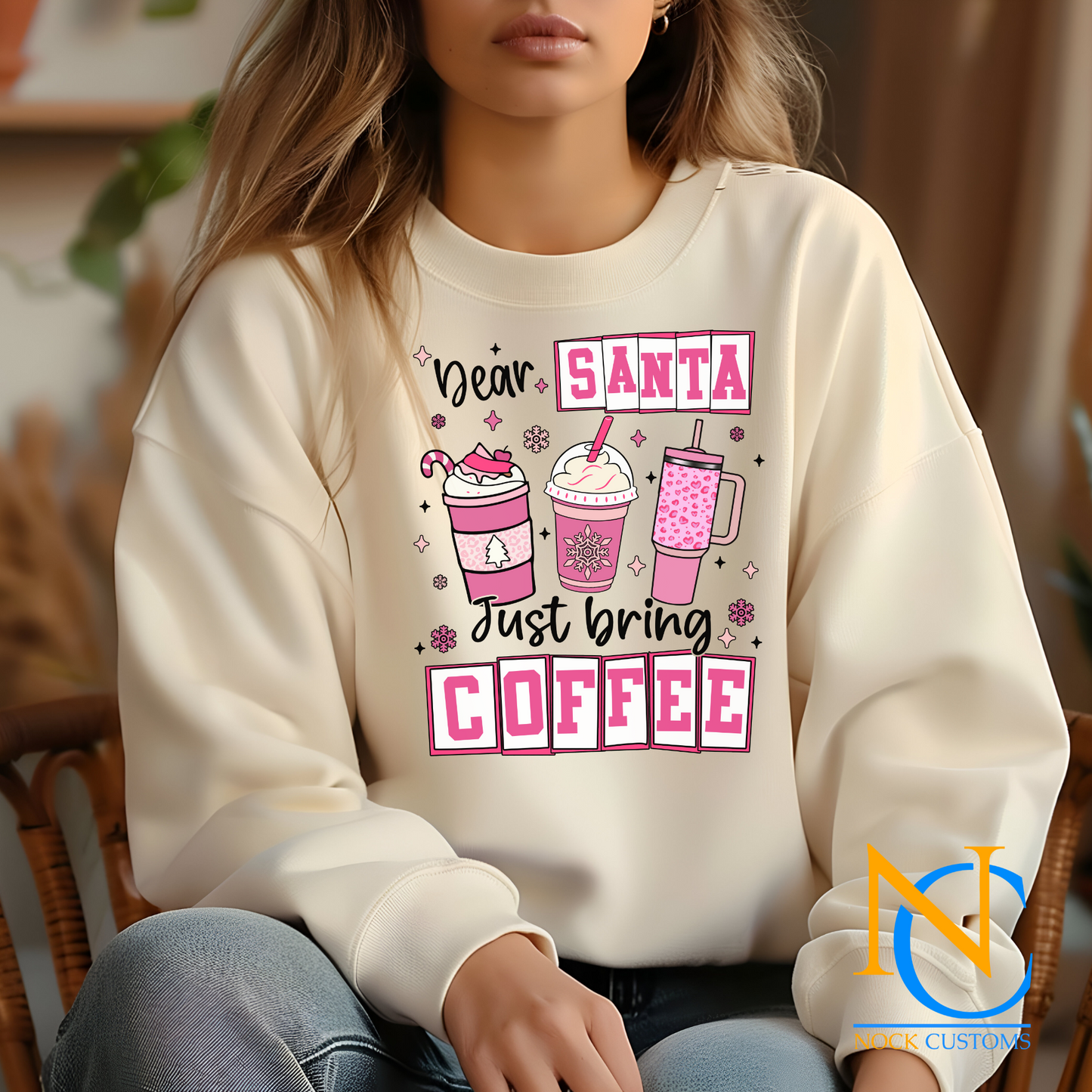 Festive DTF Transfer design featuring coffee-themed holiday cups with the text 'Dear Santa Just Bring Coffee' in pink and decorative elements, perfect for apparel customization.