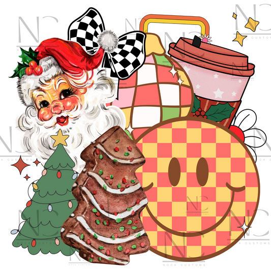 Festive Santa and Christmas Icons DTF Transfer for shirts and sweatshirts with vibrant holiday imagery.