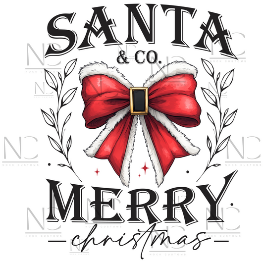 Santa & Co. Merry Christmas transfer featuring a classic red holiday bow with decorative leaves.