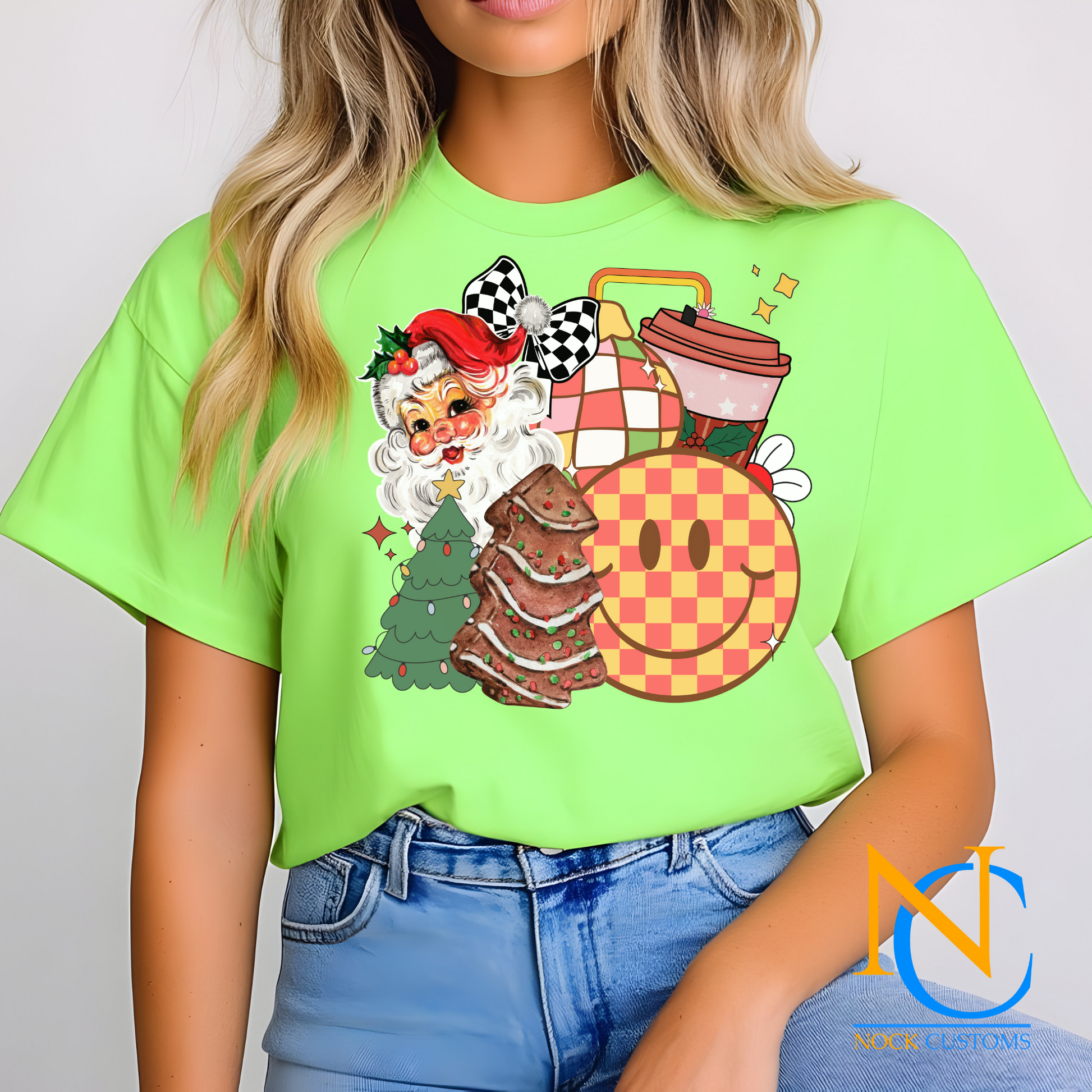 Festive Santa and Christmas Icons DTF Transfer for shirts and sweatshirts with vibrant holiday imagery.