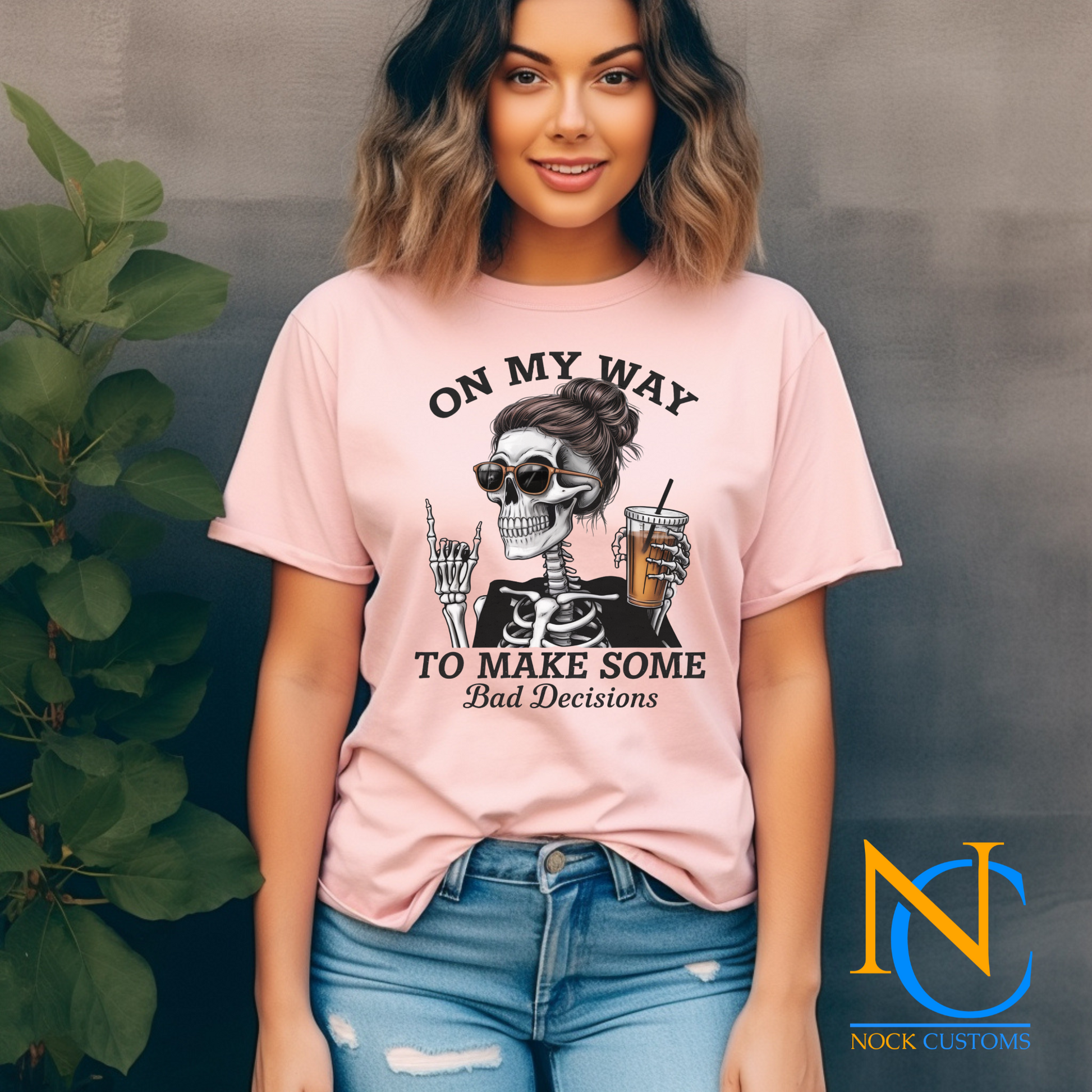 A fun and edgy design featuring a skeleton with a messy bun and sunglasses, holding an iced coffee, accompanied by the text 'On My Way to Make Some Bad Decisions.' Perfect for direct-to-film (DTF) transfers with a humorous and sassy vibe.