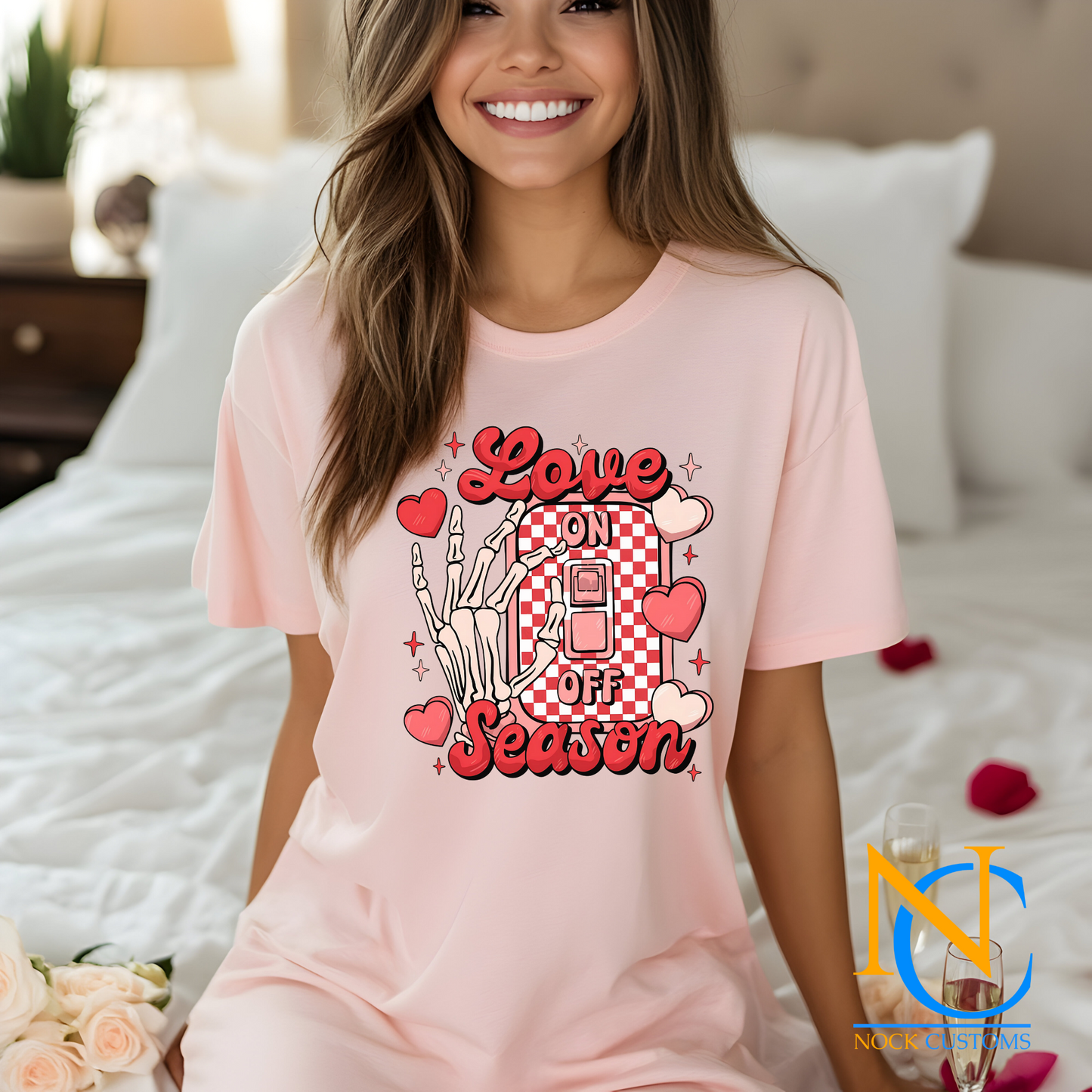 A playful Valentine's design featuring a skeleton hand flipping a light switch labeled 'Love On/Off Season' with a red checkered background, surrounded by hearts and sparkles. Ideal for direct-to-film (DTF) transfers with a humorous and edgy vibe.