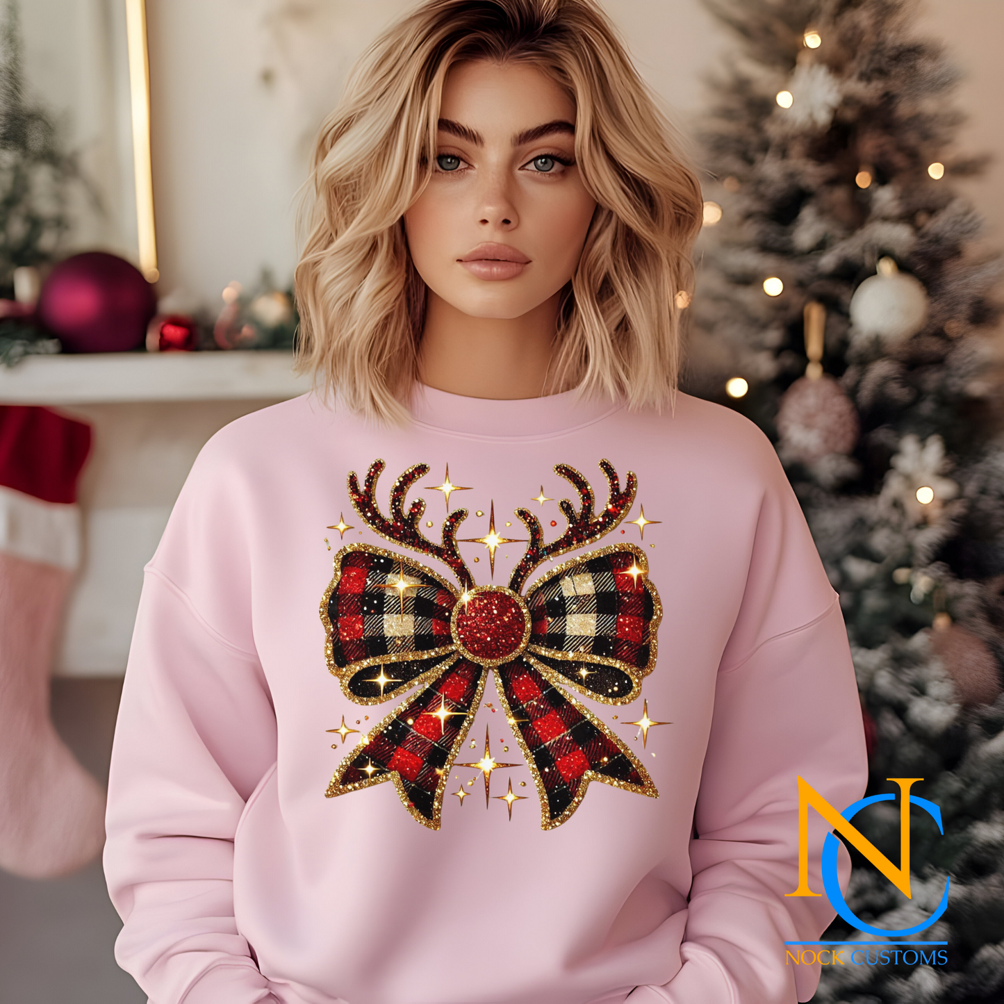 A festive plaid Christmas bow design with antlers and sparkling accents, ideal for holiday DTF transfers on apparel.