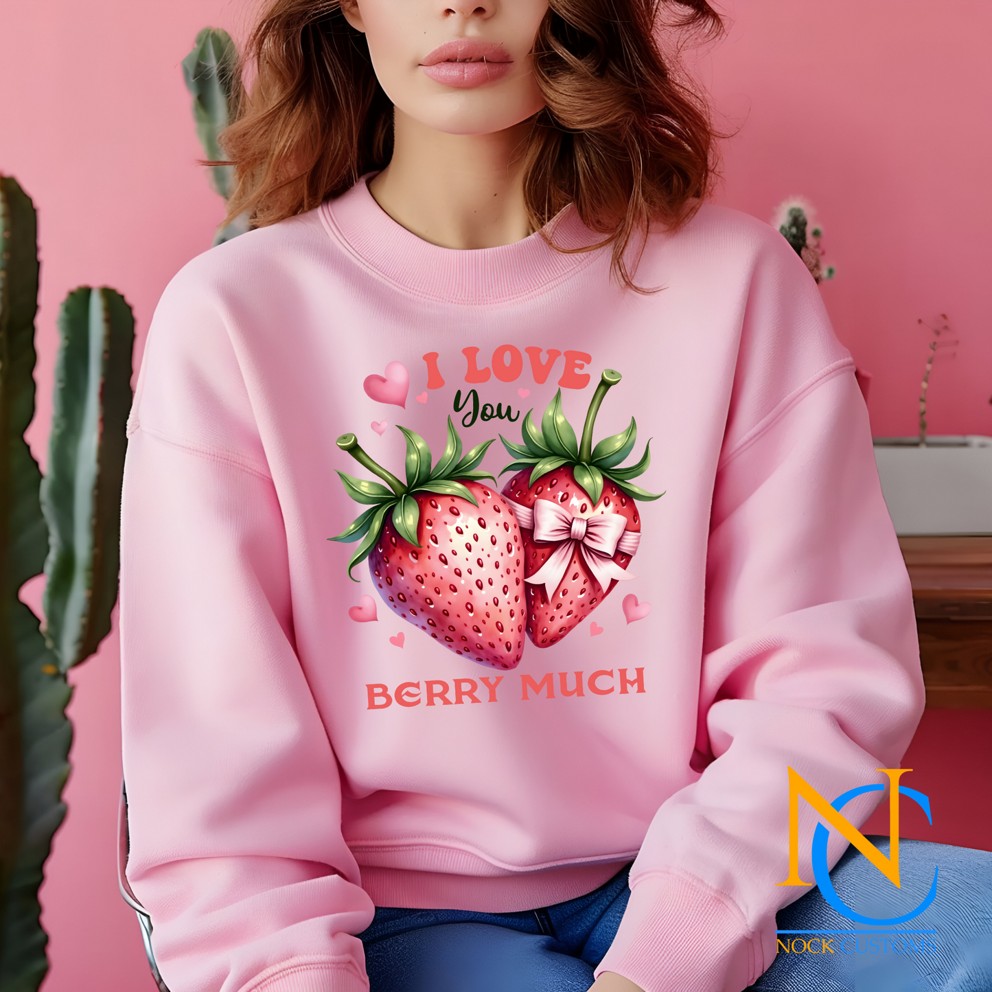 A delightful design featuring two strawberries, one adorned with a pink bow, surrounded by the text 'I Love You Berry Much' and small pink hearts. Perfect for direct-to-film (DTF) transfers for romantic or fun projects.