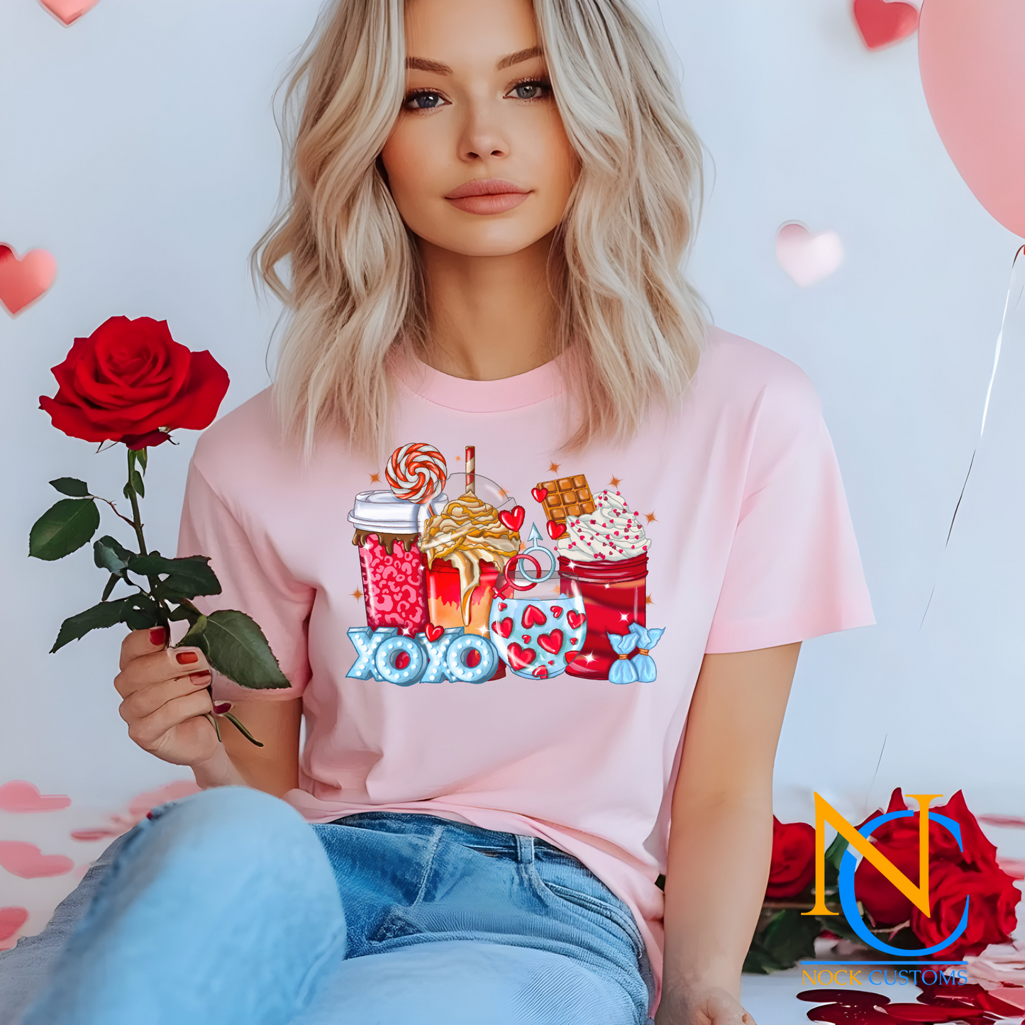 A vibrant Valentine's-themed design featuring an assortment of coffee drinks, desserts, and sweet treats decorated with hearts, chocolate, whipped cream, and a festive lollipop. Ideal for direct-to-film (DTF) transfers for creative and fun projects.