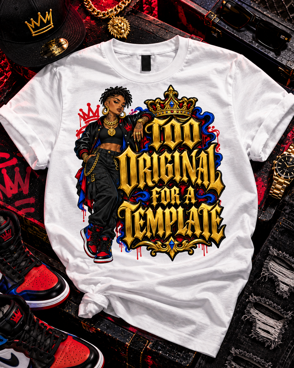 White Too Original for a Template T-shirt laid flat with gold-tone crown lettering and an illustrated streetwear character.