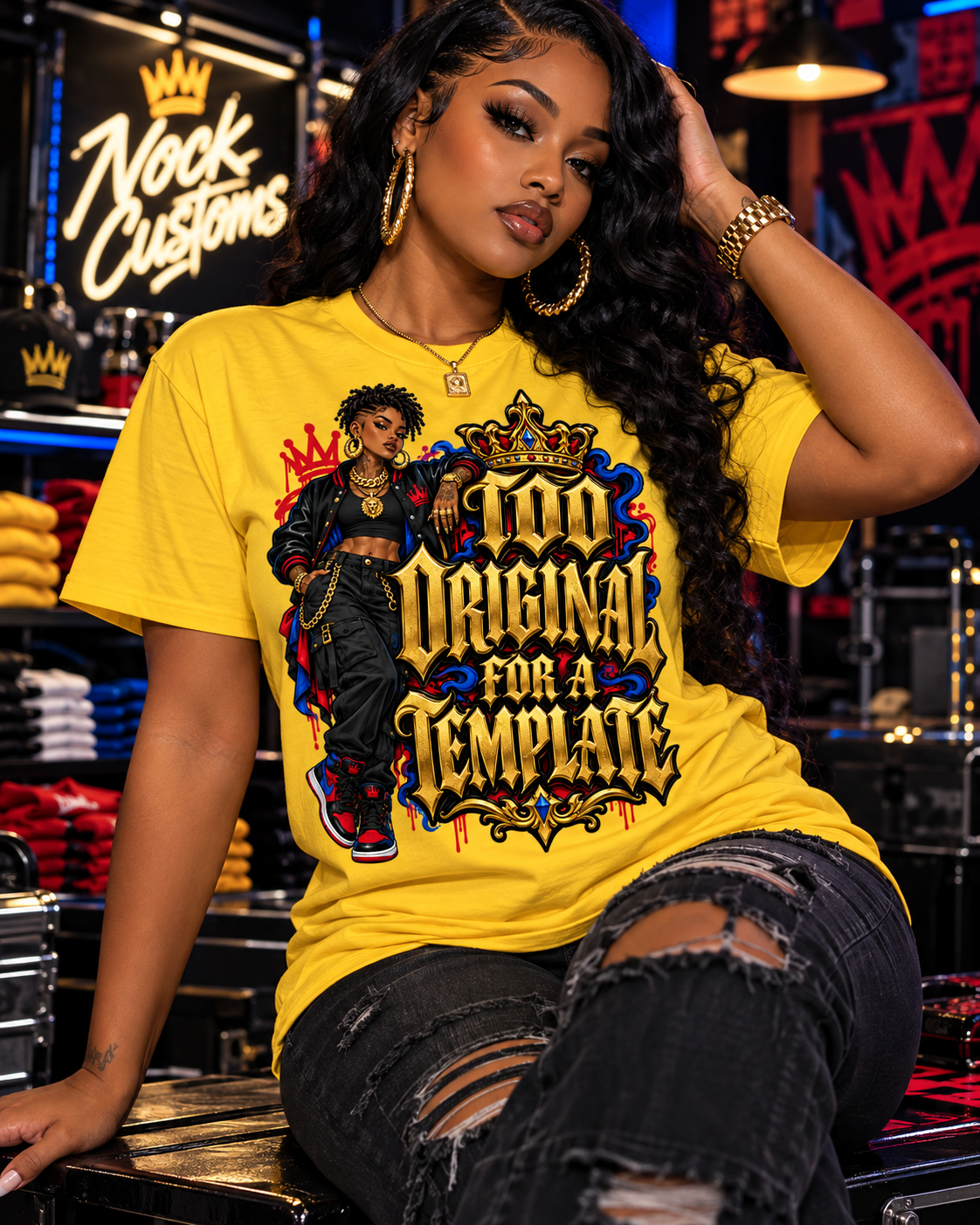 Model wearing a yellow Too Original for a Template crown graphic T-shirt with distressed black jeans.