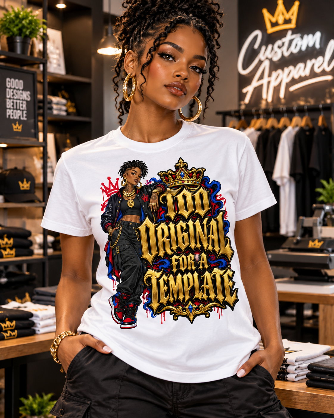 Model wearing a white Too Original for a Template graphic T-shirt styled with black cargo pants.