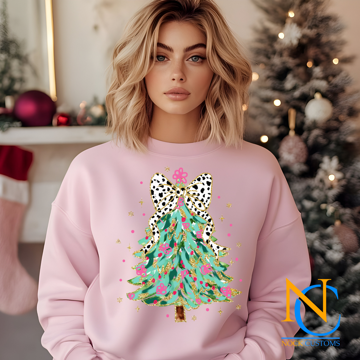 Stylish DTF transfer design featuring a vibrant Christmas tree with a leopard-patterned bow, perfect for holiday-themed DIY apparel.