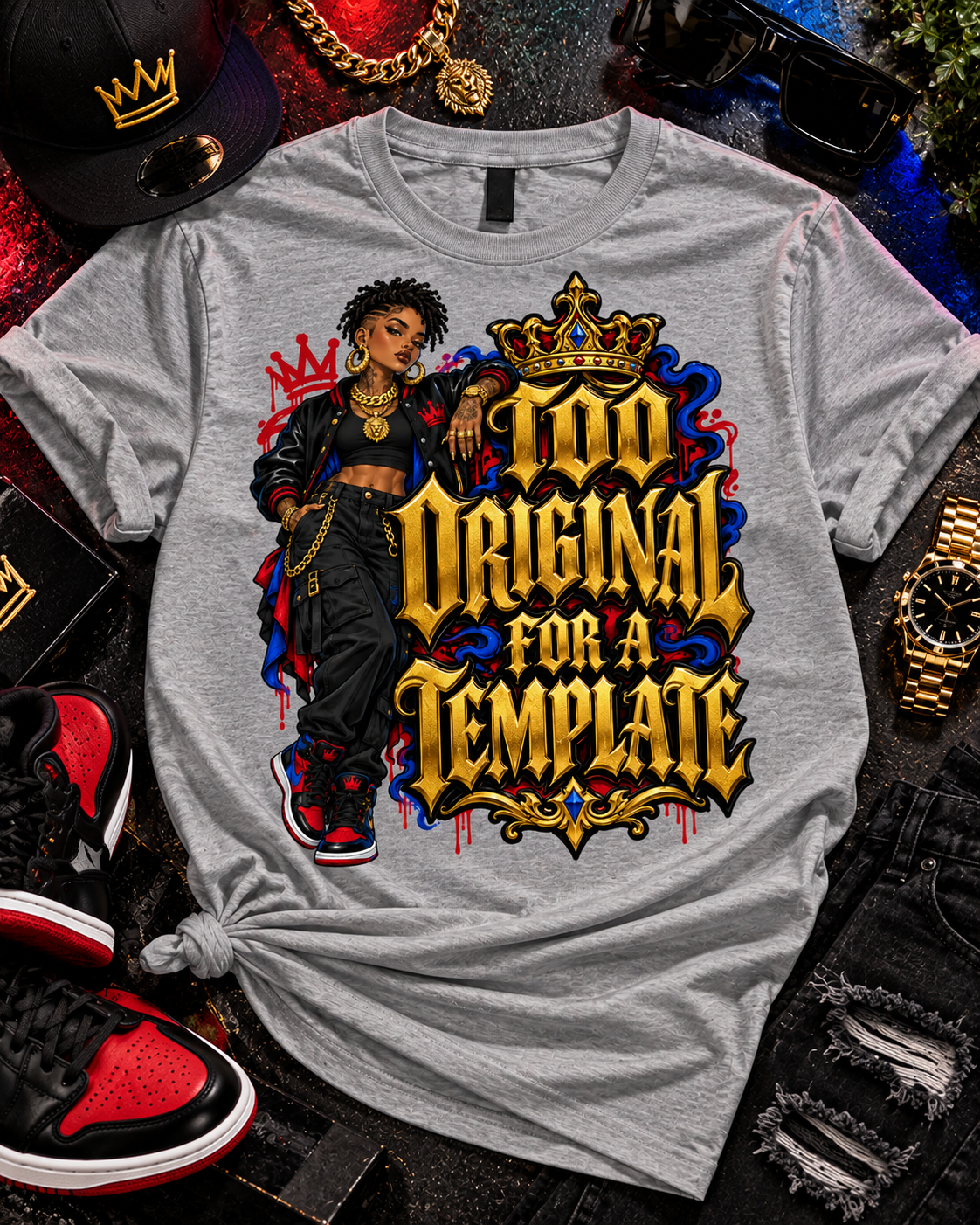 Gray Too Original for a Template graphic tee with crown artwork and red and blue accents, styled beside sneakers.