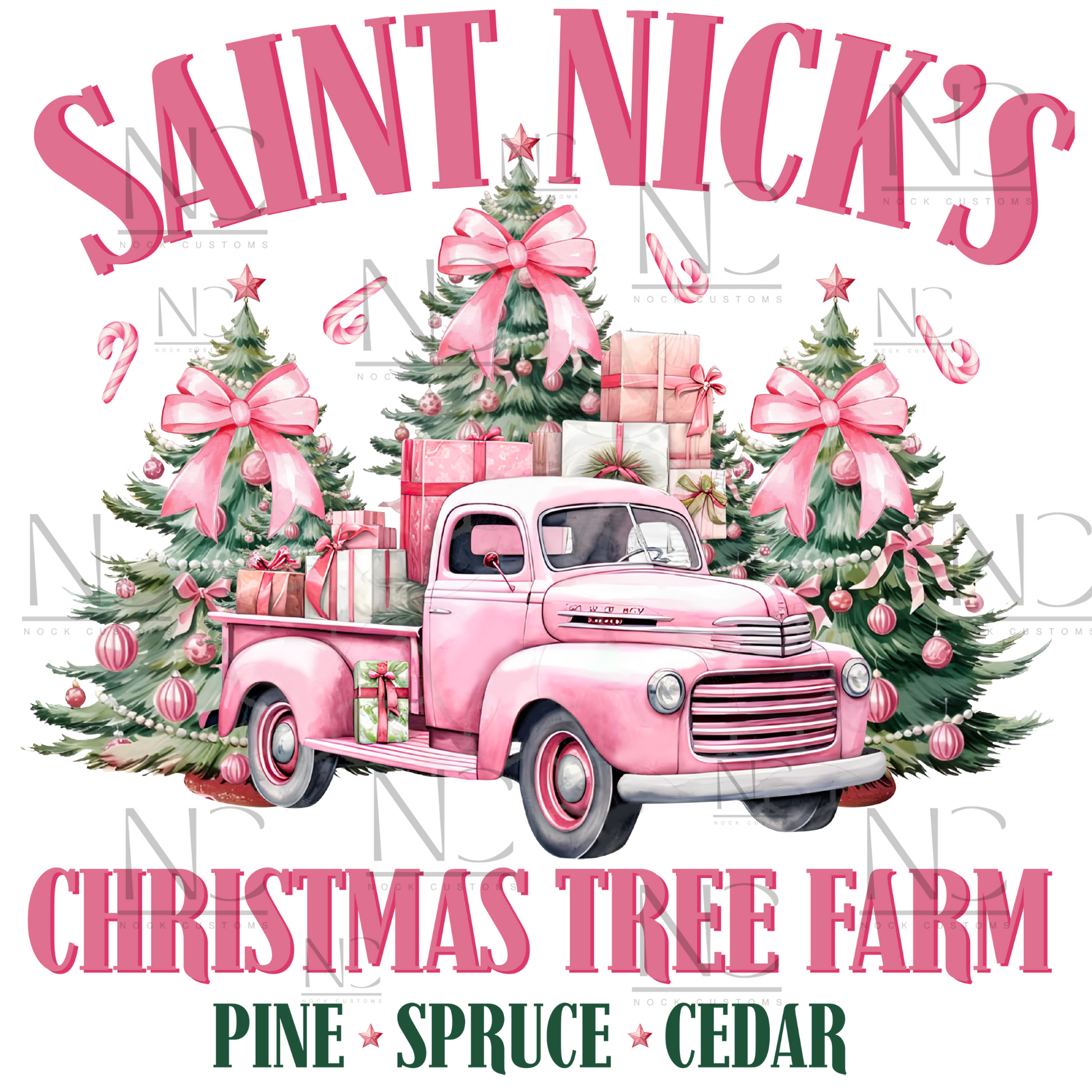 A festive DTF transfer design featuring Saint Nick's Christmas tree farm with a vintage pink truck carrying decorated Christmas trees and presents.