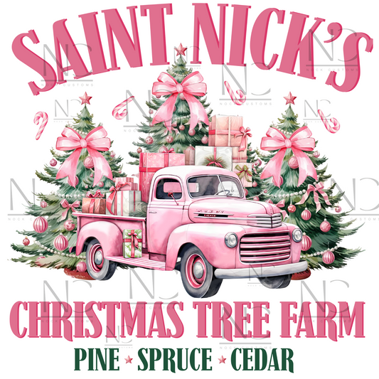 A festive DTF transfer design featuring Saint Nick's Christmas tree farm with a vintage pink truck carrying decorated Christmas trees and presents.