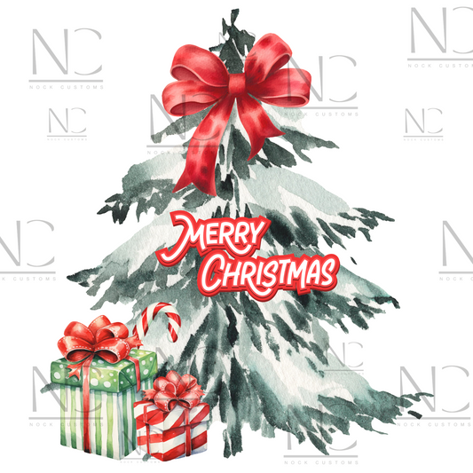 Beautiful watercolor Christmas tree design with festive red bow and wrapped gifts, perfect for DTF transfer on holiday apparel.