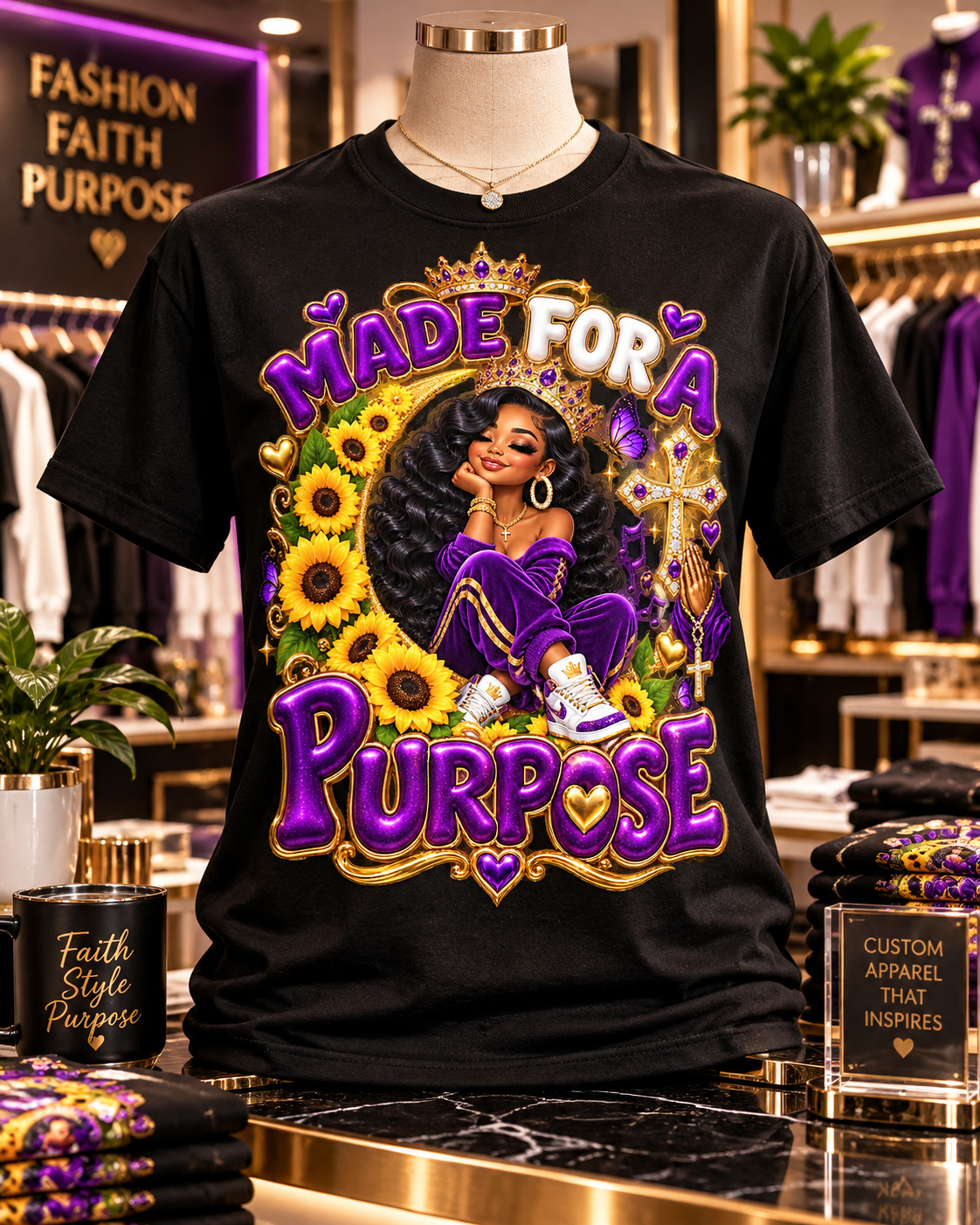 Black Made for a Purpose graphic tee display with purple, gold, and sunflower artwork.