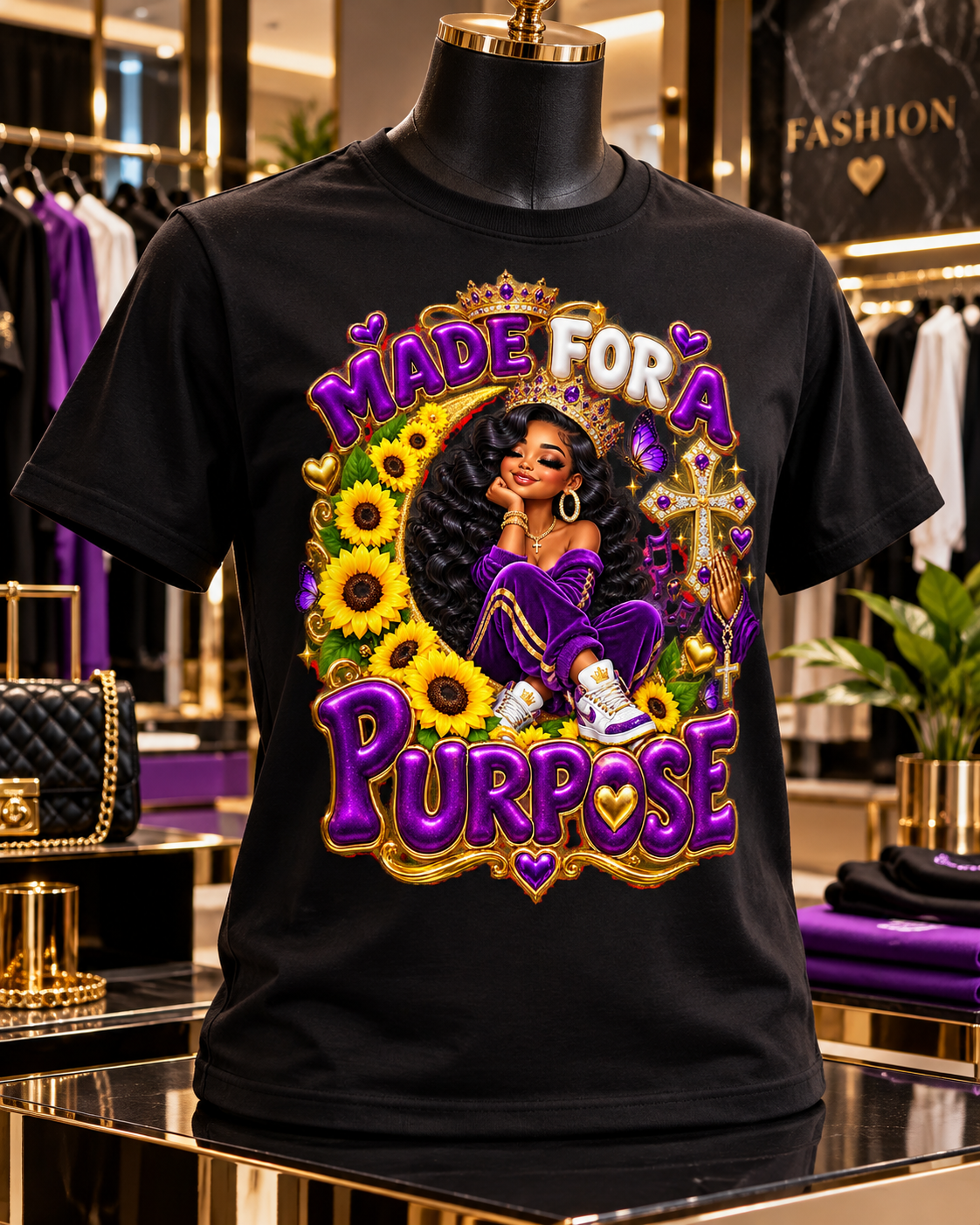 Black Made for a Purpose graphic tee display with purple, gold, and sunflower artwork.