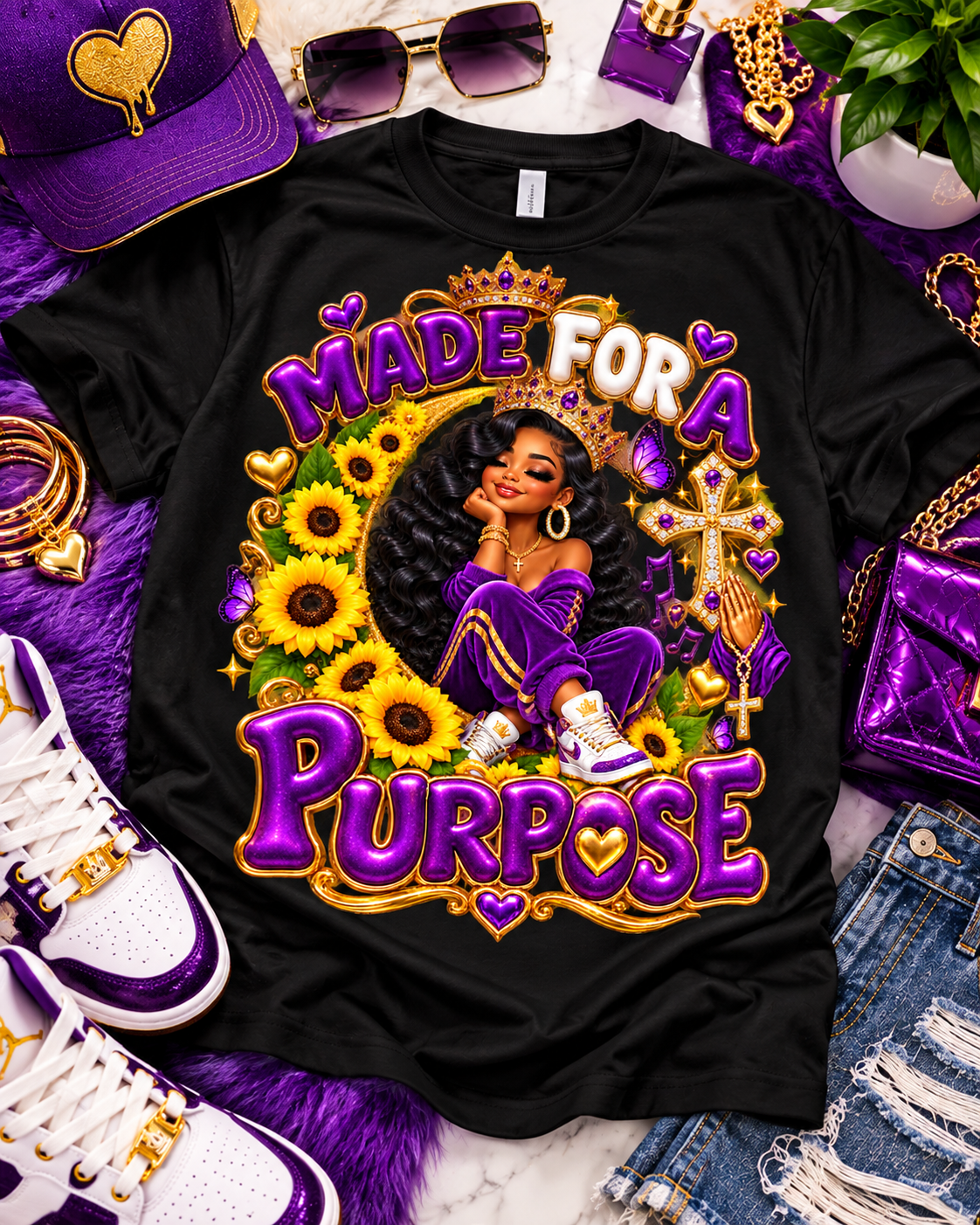 Black Made for a Purpose graphic tee display with purple, gold, and sunflower artwork.