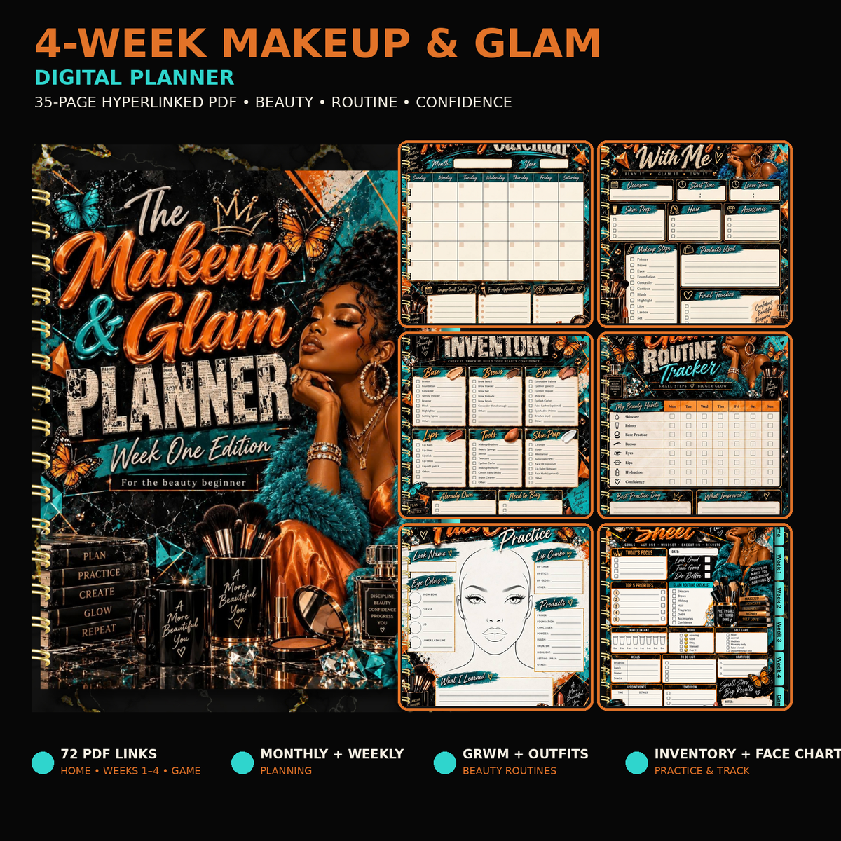 4-Week Makeup and Glam Digital Planner - 35-page hyperlinked beauty planner