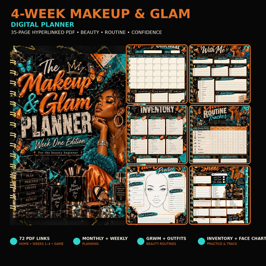 4-Week Makeup and Glam Digital Planner - 35-page hyperlinked beauty planner