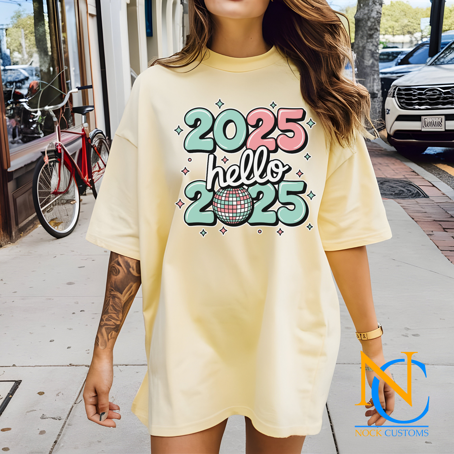 Trendy DTF transfer print featuring 'Hello 2025' with playful colors, perfect for New Year's apparel.