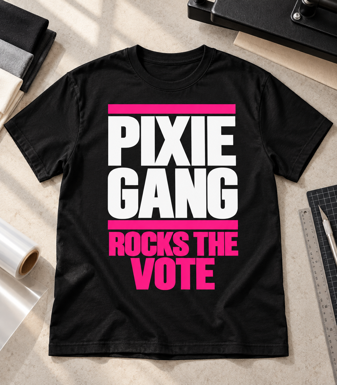 Black Pixie Gang Rocks the Vote women's graphic tee shown flat with white and hot pink lettering