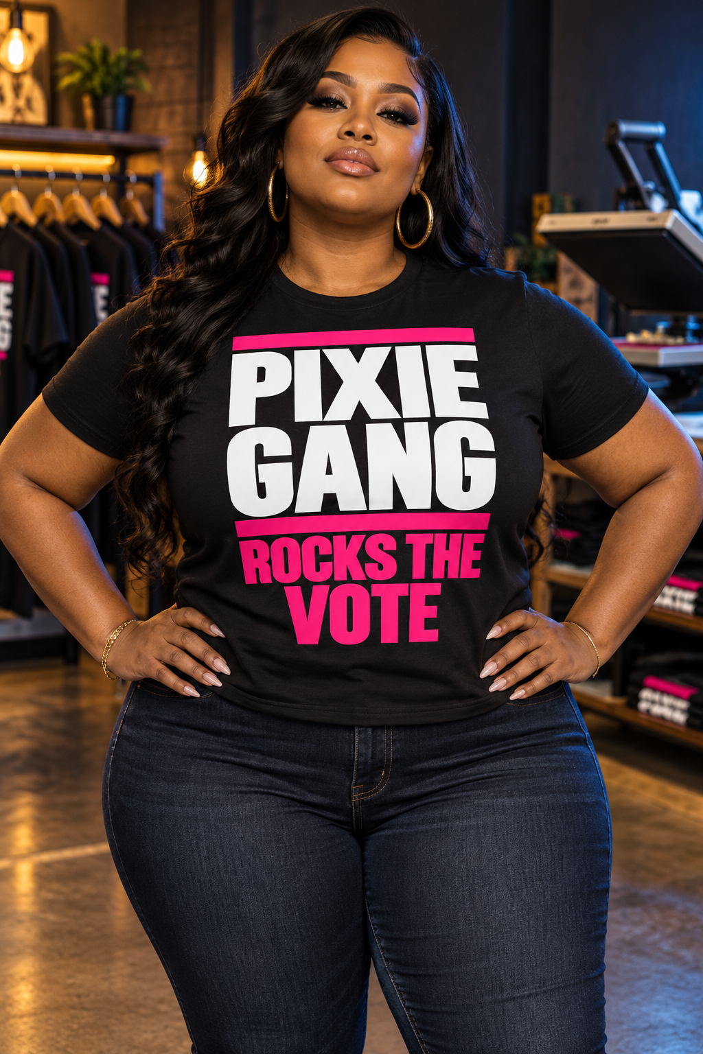 Model wearing a black Pixie Gang Rocks the Vote graphic tee with white and hot pink lettering