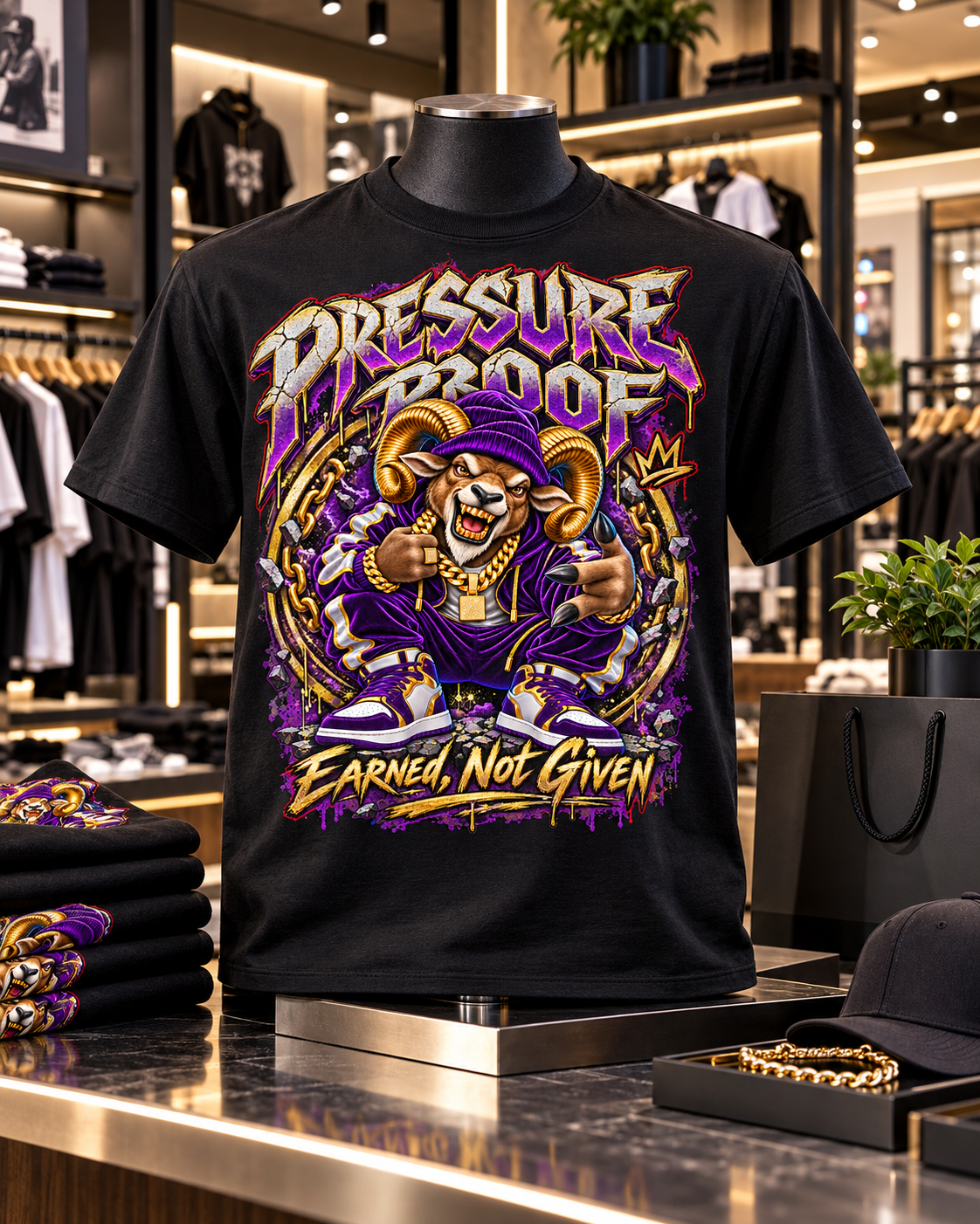 Close view of Pressure Proof ram graphic on black T-shirt