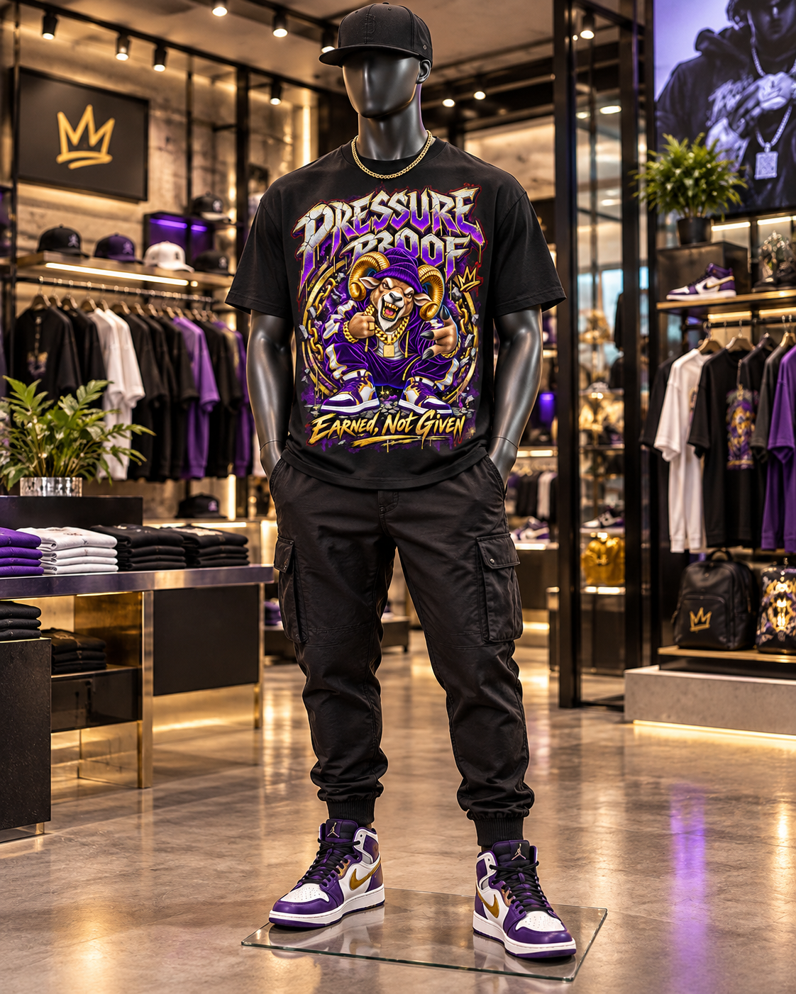Pressure Proof black streetwear graphic tee on mannequin