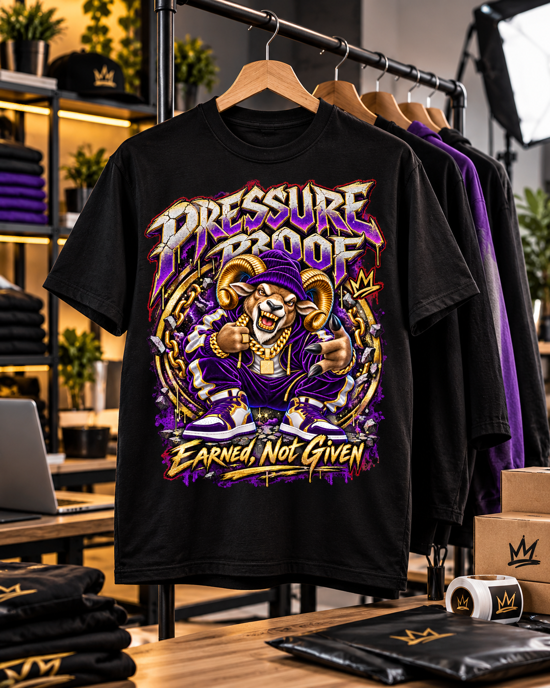 Pressure Proof Earned Not Given black graphic tee hanging on a rack
