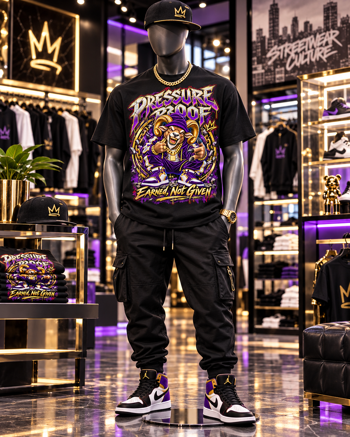 Pressure Proof black graphic T-shirt styled on mannequin