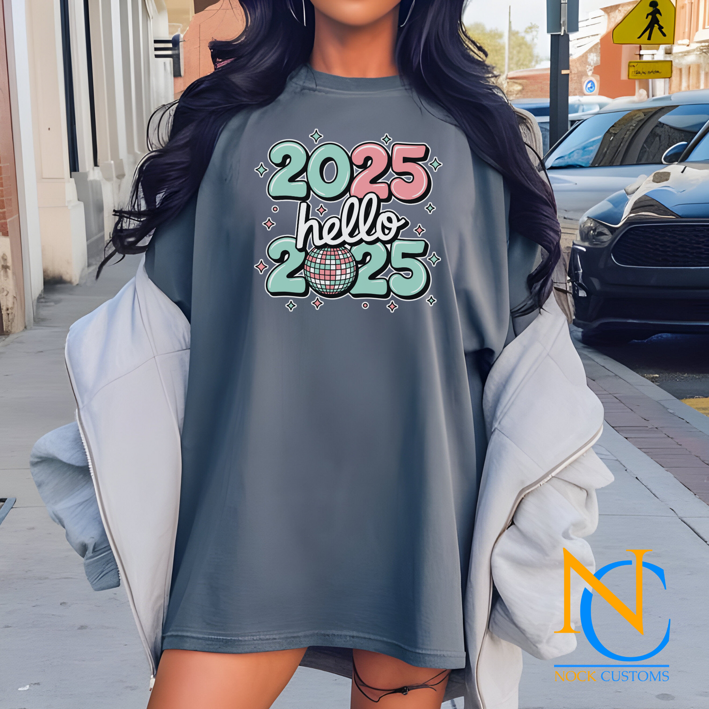 Trendy DTF transfer print featuring 'Hello 2025' with playful colors, perfect for New Year's apparel.